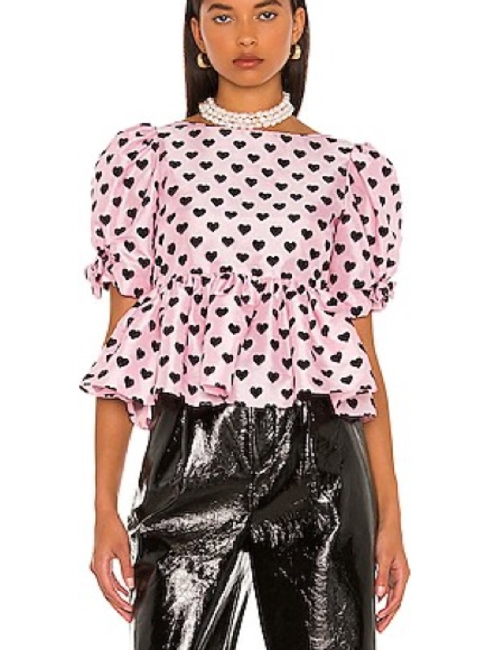 LOVESHACKFANCY Pink Taffeta & Black Velvet Heart Peplum Top Puff Sleeve Blouse - Picture 3 of 16